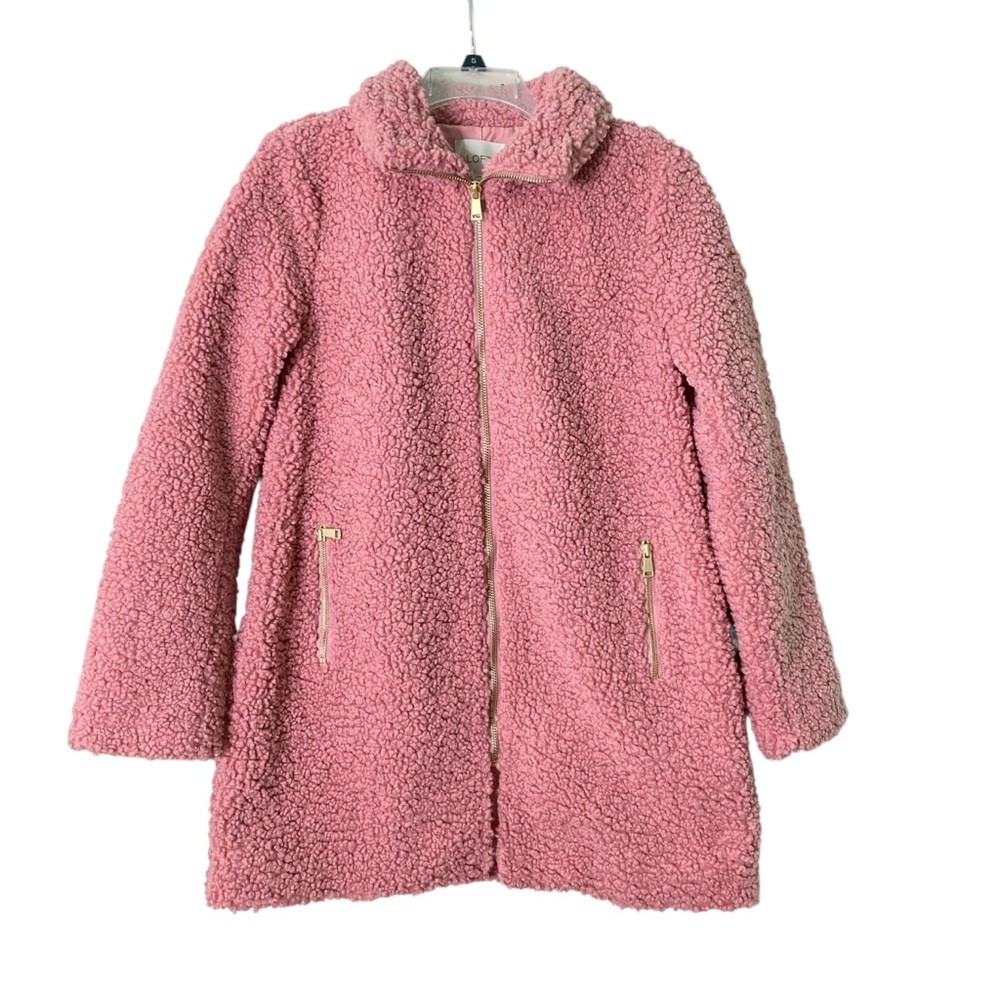 Loft Faux Sherpa Funnel Neck Pink Mauve Teddy Coat Gold Zippers Pockets (Size S)